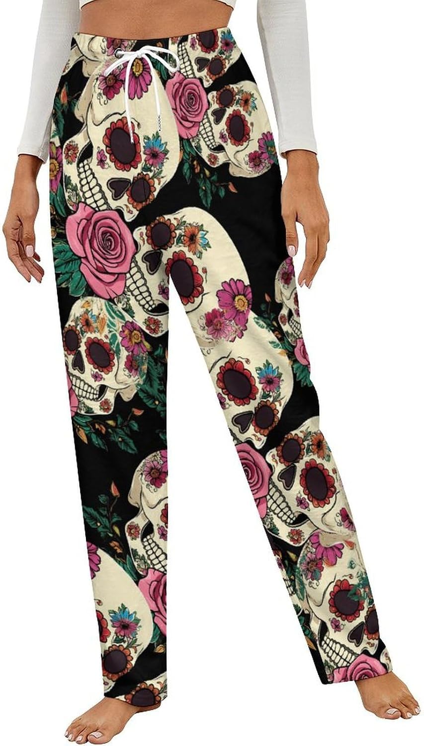 Flower Skull Day of Dead Rose Women's Pajamas Flannel Pajama Pant Lounge Bottoms Sleepwear Nightwear for Home