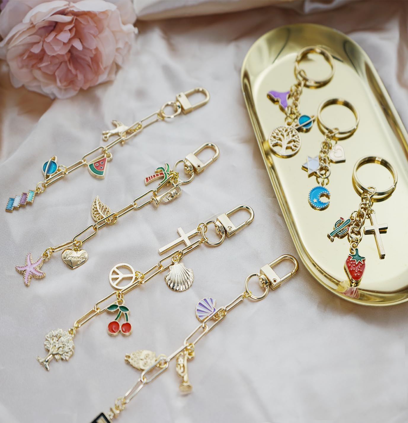 MORWLAT 281 PCS Gold DIY Keychain Making Kit Cute Bag Charm Kit 60 Charms 8 Keychain Clips with Key Ring Swivel Snap Hook Lobster Claw Clasps 200 Jump Ring Jewelry Plier DIY Set Women Craft (60) - Image 7