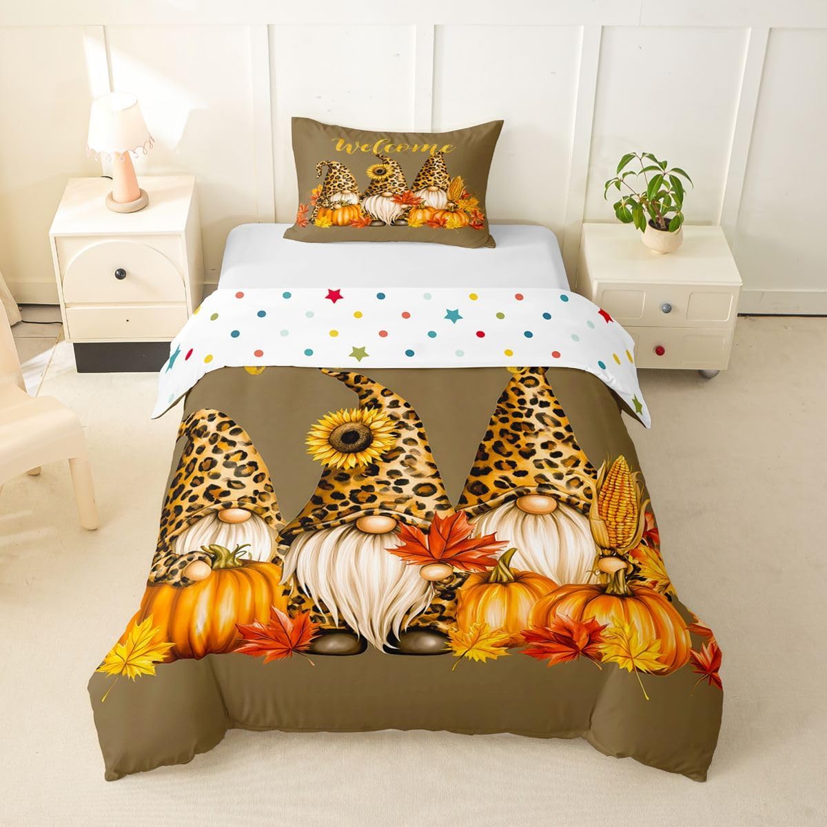 Manfei Brown Gnomes Kids Duvet Cover Set Toddler Size
