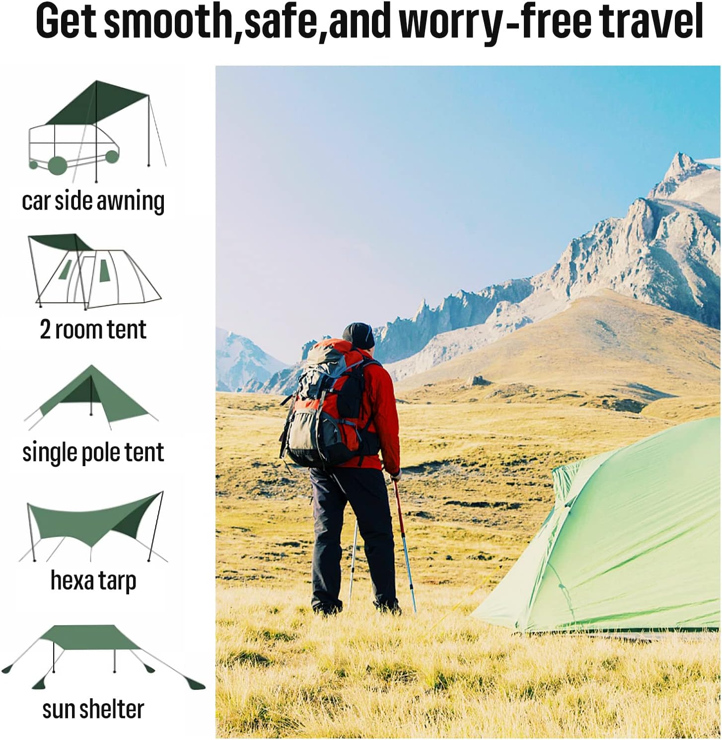 KOMCLUB Tent Poles Adjustable Lightweight Camping Tarp Poles 82.68" Aluminum Alloy Telescoping Solar sail Poles for Awning Canopy Tent Tarp Hiking Light Weight and Easy to Carry (2PC & Black)
