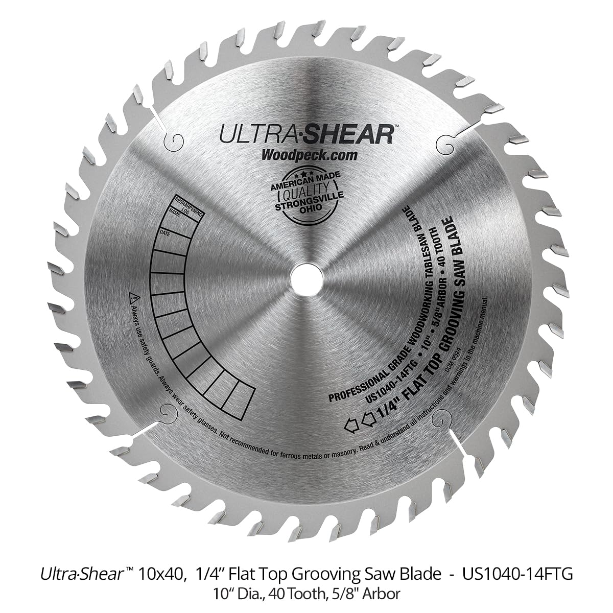 10 Inch Flat-Top Grooving Table Saw Blade, Carbide Tipped, 40-Tooth, 1/4" Kerf & 5/8" Arbor, for Dados, Joints, Rabbets - Made in USA