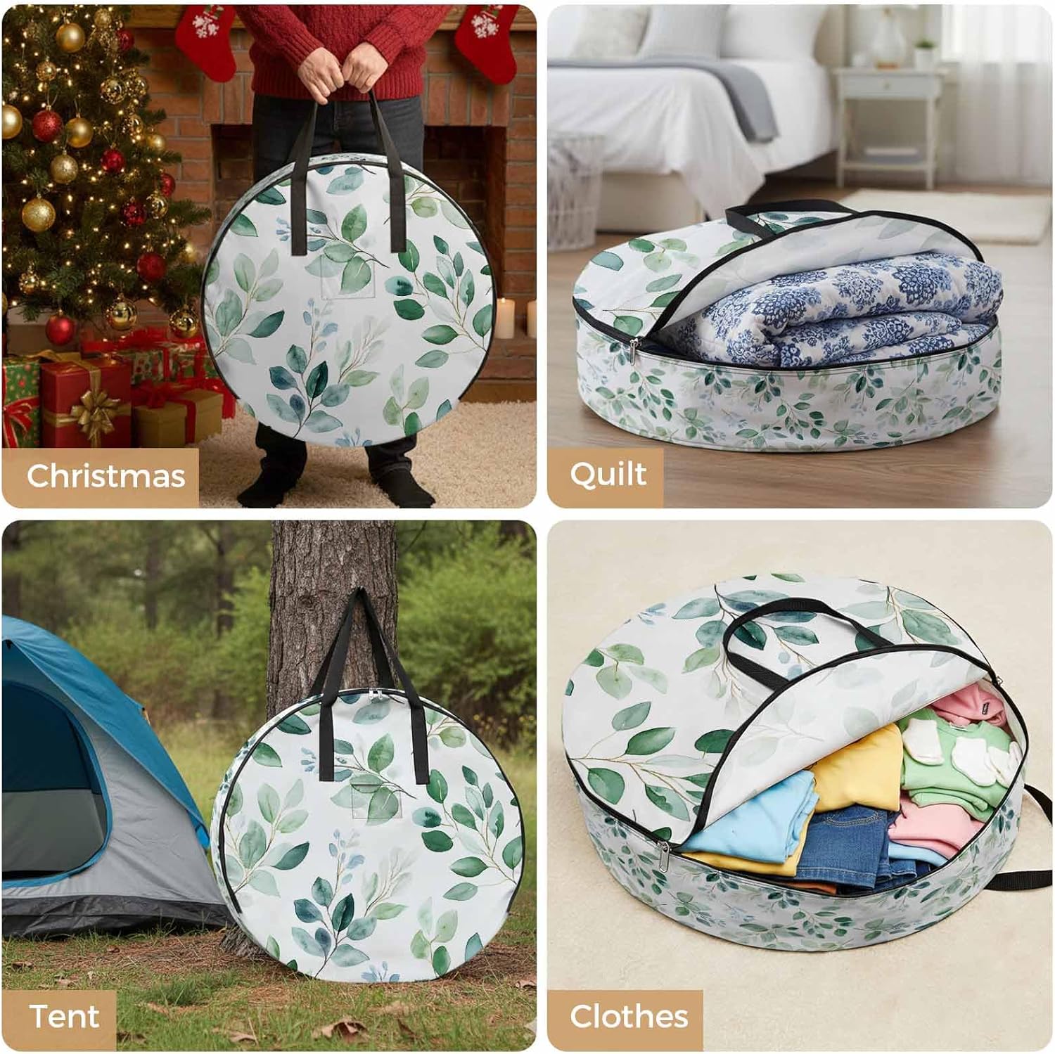 Sage Green Eucalyptus Round Storage Bag 30 Inch, Spring Summer Watercolor Plant Leaves Clothes Storage Container with Handles Heavy Duty Organizer for Comforter, Bedding & Holiday Wreaths