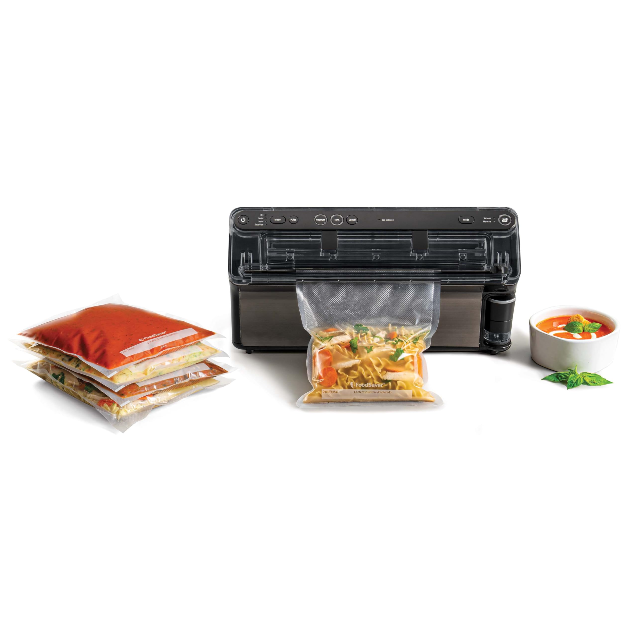 FoodSaver Zgrzewarka Elite All-In-One Liquid - świeża żywność do 5x dłuższa - płynne uszczelnienie - z 1 rolką (28 cm x 2,43 m) i 4 x próżniowe worki uszczelniające (0,94 l i 3,78 l) [VS5910X]