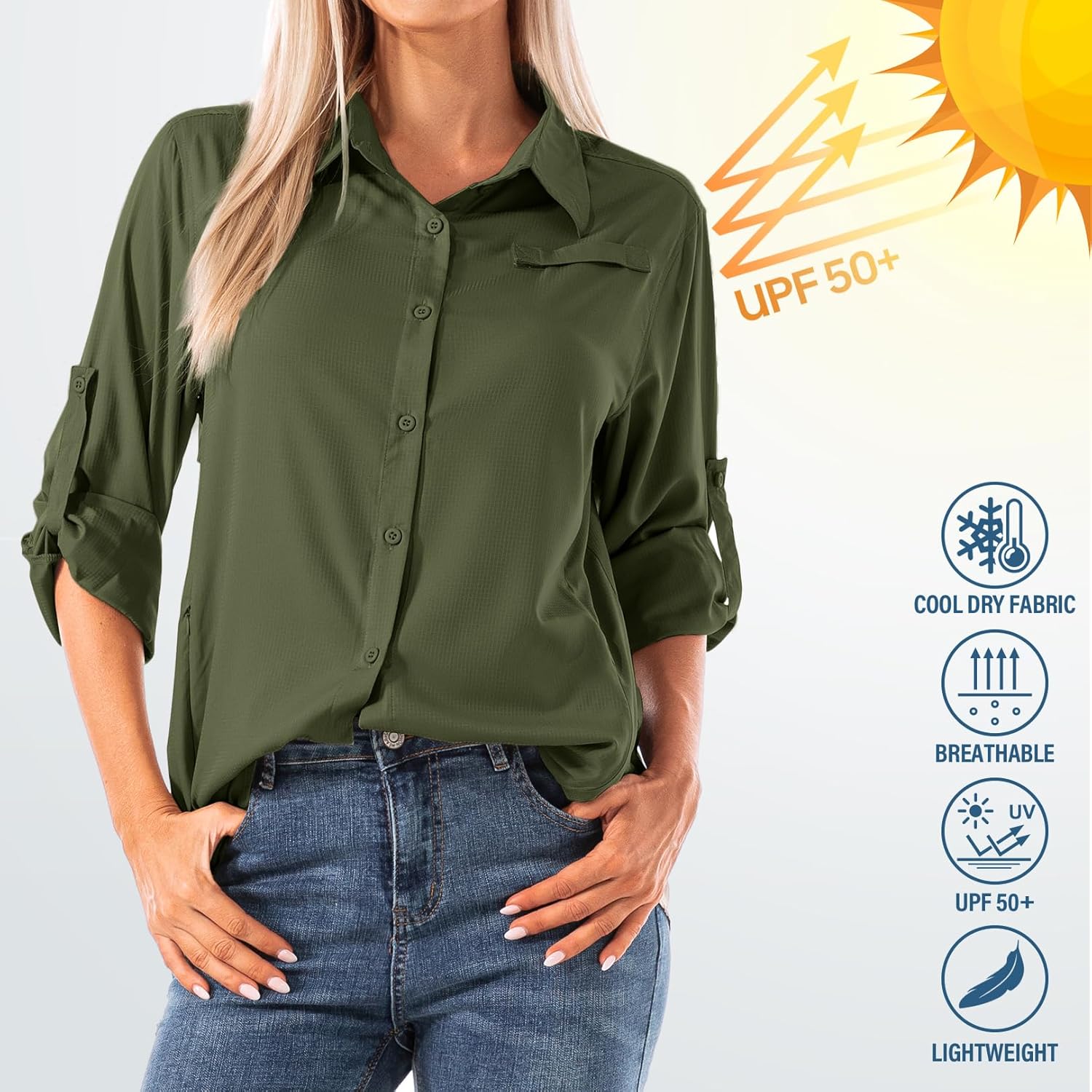 Women's Quick Dry Sun UV Protection Convertible Long Sleeve Shirts for Hiking Camping Fishing Sailing (5024 Army Green XXL) - Image 6
