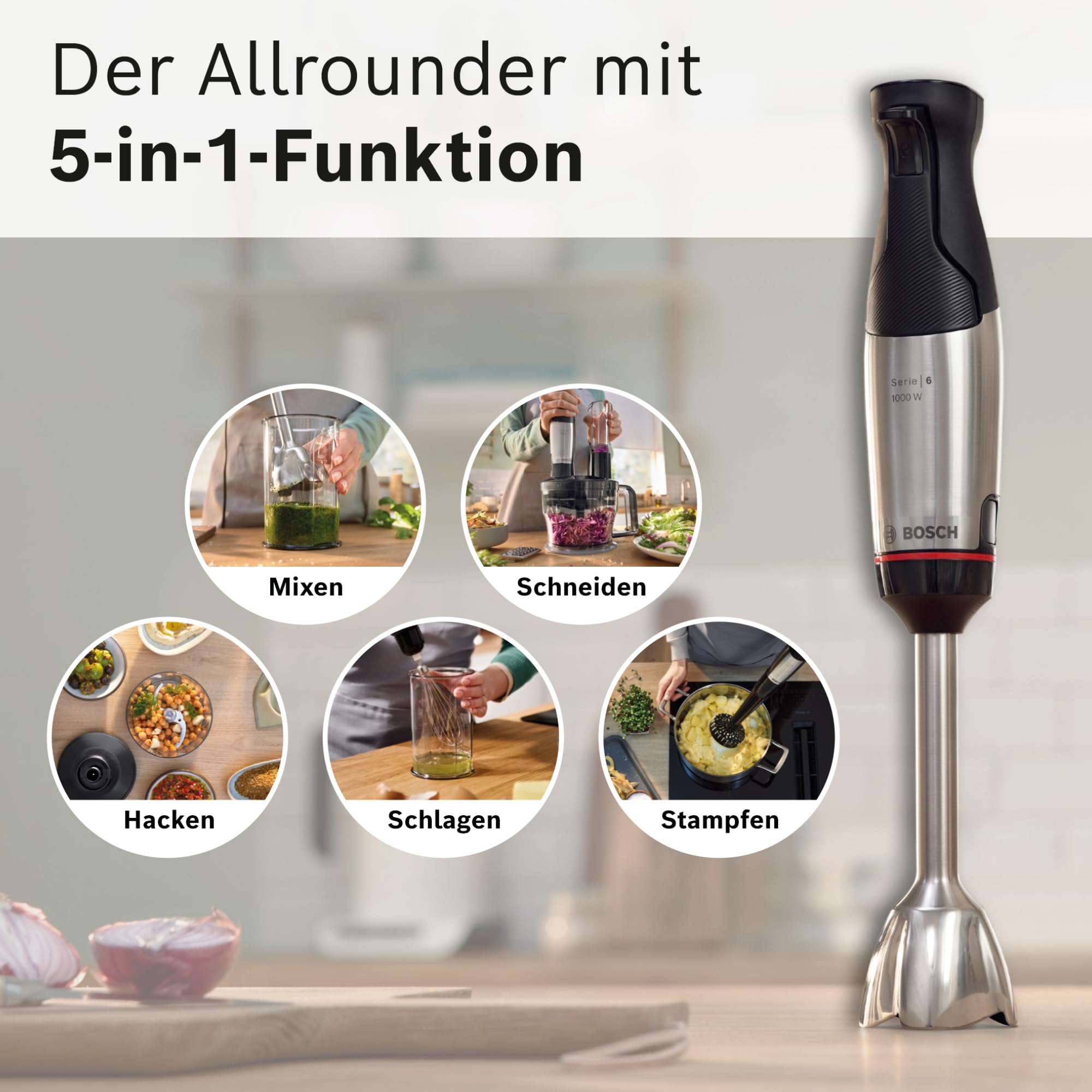 Bosch Stabmixer ErgoMaster Serie 6, 4 Edelstahl-Klingen, einhändig bedienbar, verschleißfreie Keramik-Kupplung, langlebig, Luftkühlung, Zerkleinerer, Kartoffelstampfer, Schneebesen, 1000 W, MSM6M673
