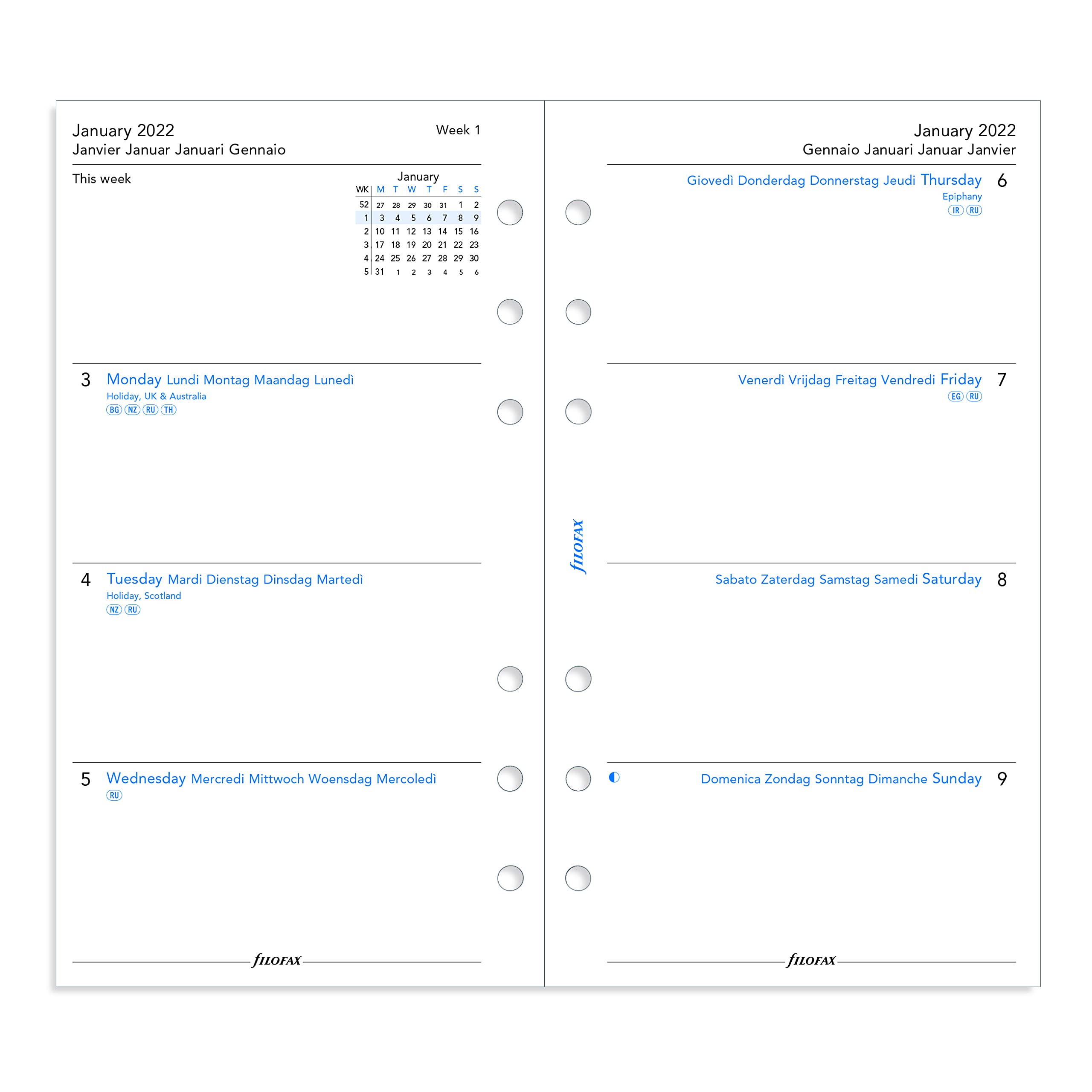 Filofax Agenda settimanale 2022 in Saffiano con cerniera, formato compatto, colore neo, grana incrociata, effetto pelle, 6 anelli, visualizzazione settimanale, multilingue, codice articolo C028811-22