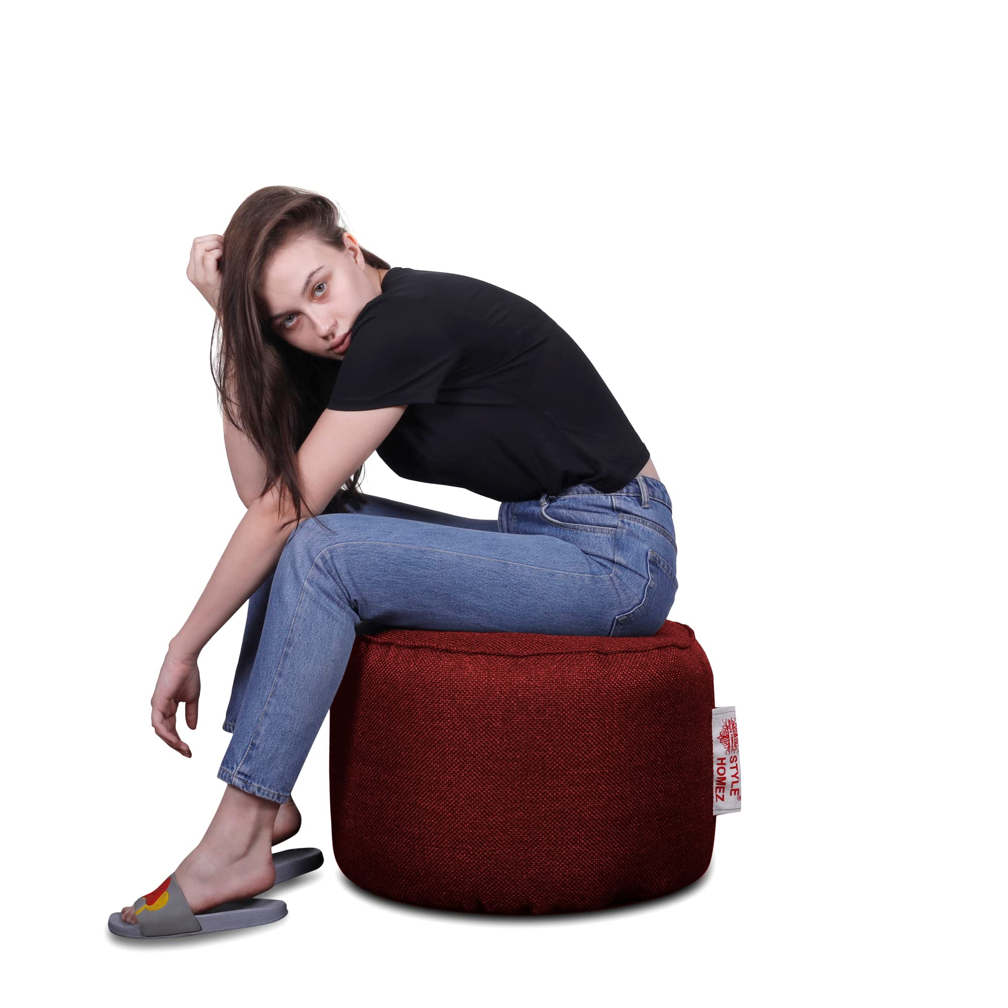 Style Homez ORGANIX Collection, Round Poof Bean Bag Ottoman Stool Large Size Crimson Red Color in Organic Jute Fabric, Cover Only 1