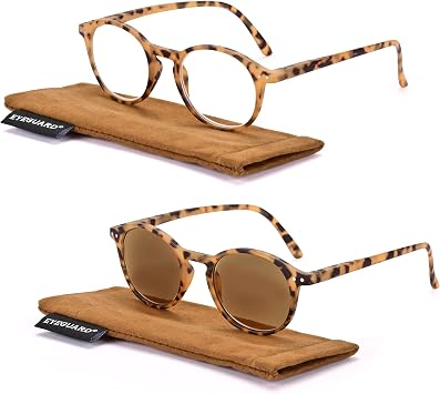 EYEGUARD 2 Pack Vintage Reading Glasses for Women Men includes Sun Readers, UV Protection Reading Sunglasses with Spring Hinge, Light Tortoise, +1.00