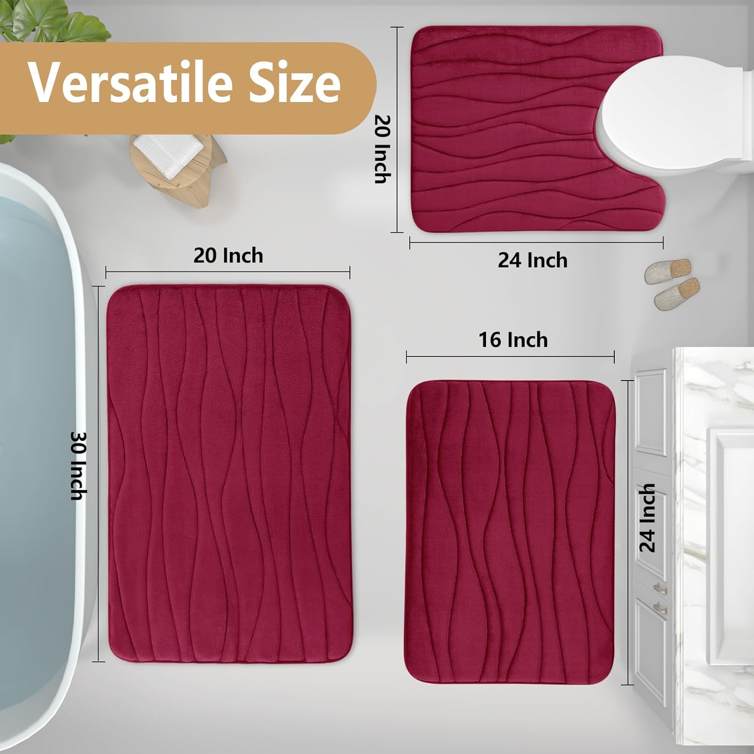 buganda memory foam bathroom rug mat 24x16, extra soft and absorbent bath mats, non-slip and machine washable bath rugs for bathroom floor,tub and shower, burgundy burgundy rectangular 24" x 16"