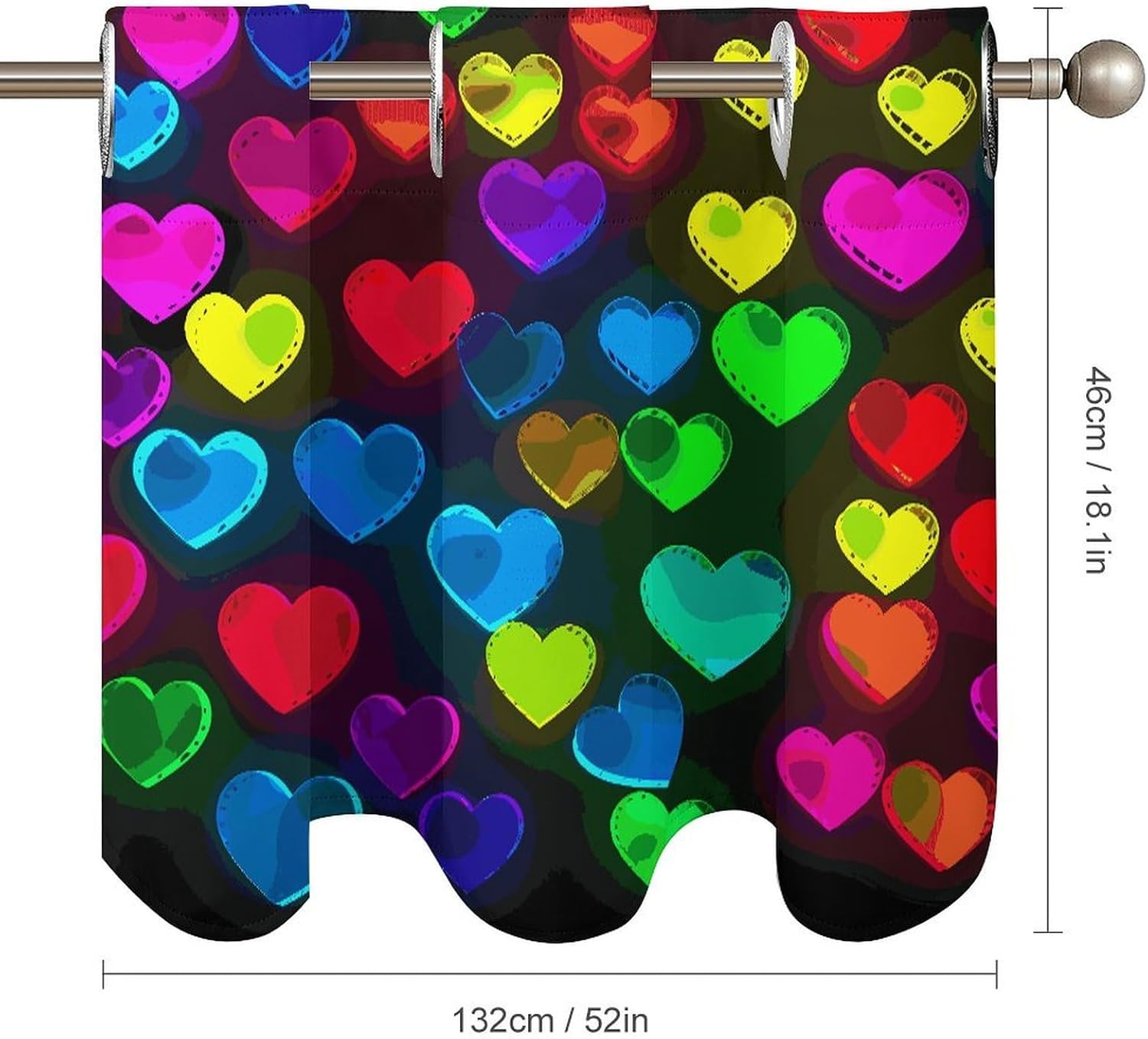 Rainbow Hearts 2 Pack Valance Curtains Window Treatments. Adjustable Curtain with Rod Pocket.Cafe Curtains is Half Curtains for Privacy Decorative 52x18.1 Inch.