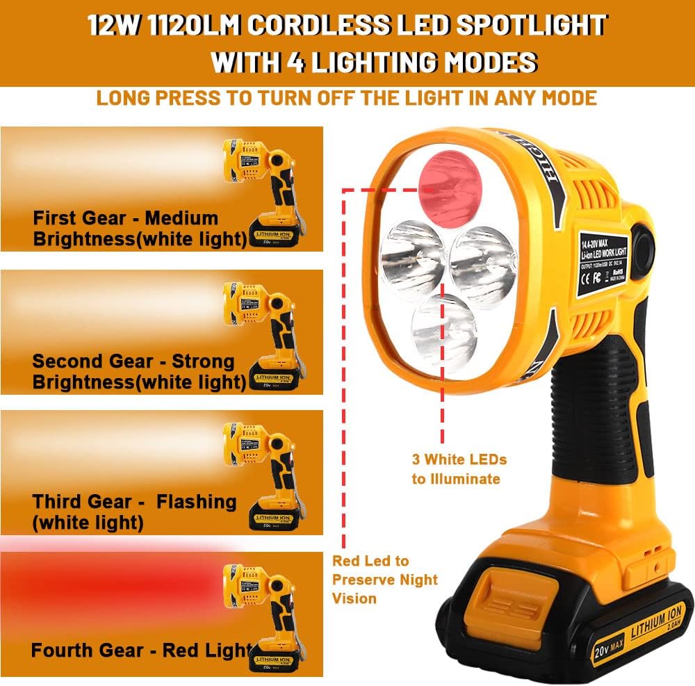 YEX-BUR Flashlight for Dewalt 20v Battery, 12W 1120LM LED Work Light, Portable Spotlight with USB Port, 4 Modes, 110 Degree Pivoting Head for Camping Garage Workshop Power Outage Emergency