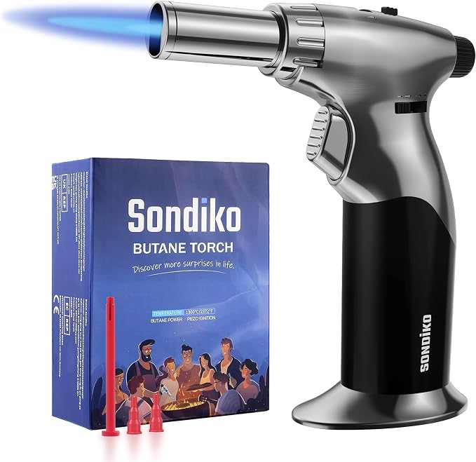 Sondiko Powerful DUAL Style Flame Butane Torch, Triple Adjustable Flame Size Butane Lighter, Refillable Blow Torch with Continuous Flame Lock for Creme Brulee, Cooking(Butane Gas Is Not Included)