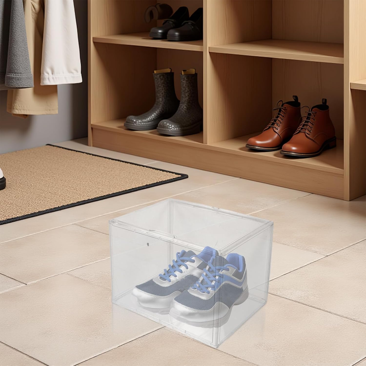 Acrylic Stackable Shoe Box Organizer 45x33x33cm Large Size Plastic Storage Container for Sneakers and Boots, Space-saving Display Case for Home Entryway