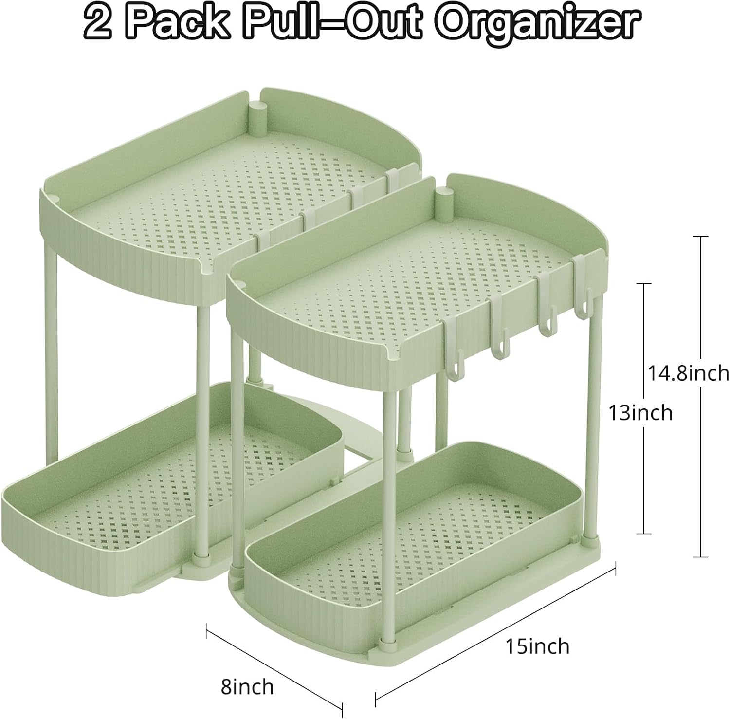 Ukeetap 2 Pack Multi-Purpose Pull-Out Storage Organizers, Under Sink Organizers and Storage for Bathroom & Kitchen, Under Cabinet Organizers and storage, 14.8 Inch, Green