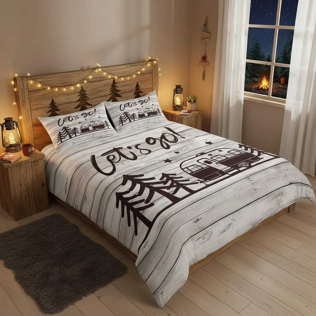 Happy Camping Duvet Cover Queen Size Travel Car and Tree Comforter Cover with 2 Pillowcase for Teens Kids Camper Bedding Set Vintage Wood Panels Breathable 3 Pcs Decorative Bed Cover(No Comforter)