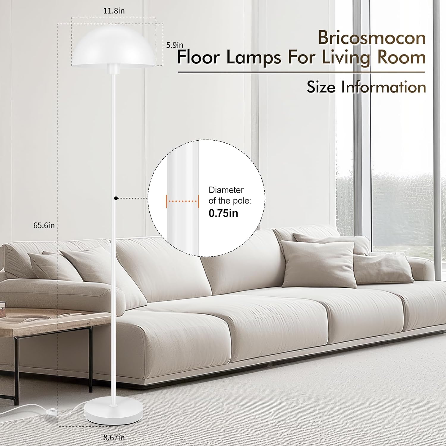 Floor Lamp, Industrial White Floor Lamps for Living Room, 65.6in Standing Lamp, Retro Mushroom Dome Shade, Whole Metal, E26 Socket, Mid Century Modern Floor Lamp for Bedroom/Office,No Bulb