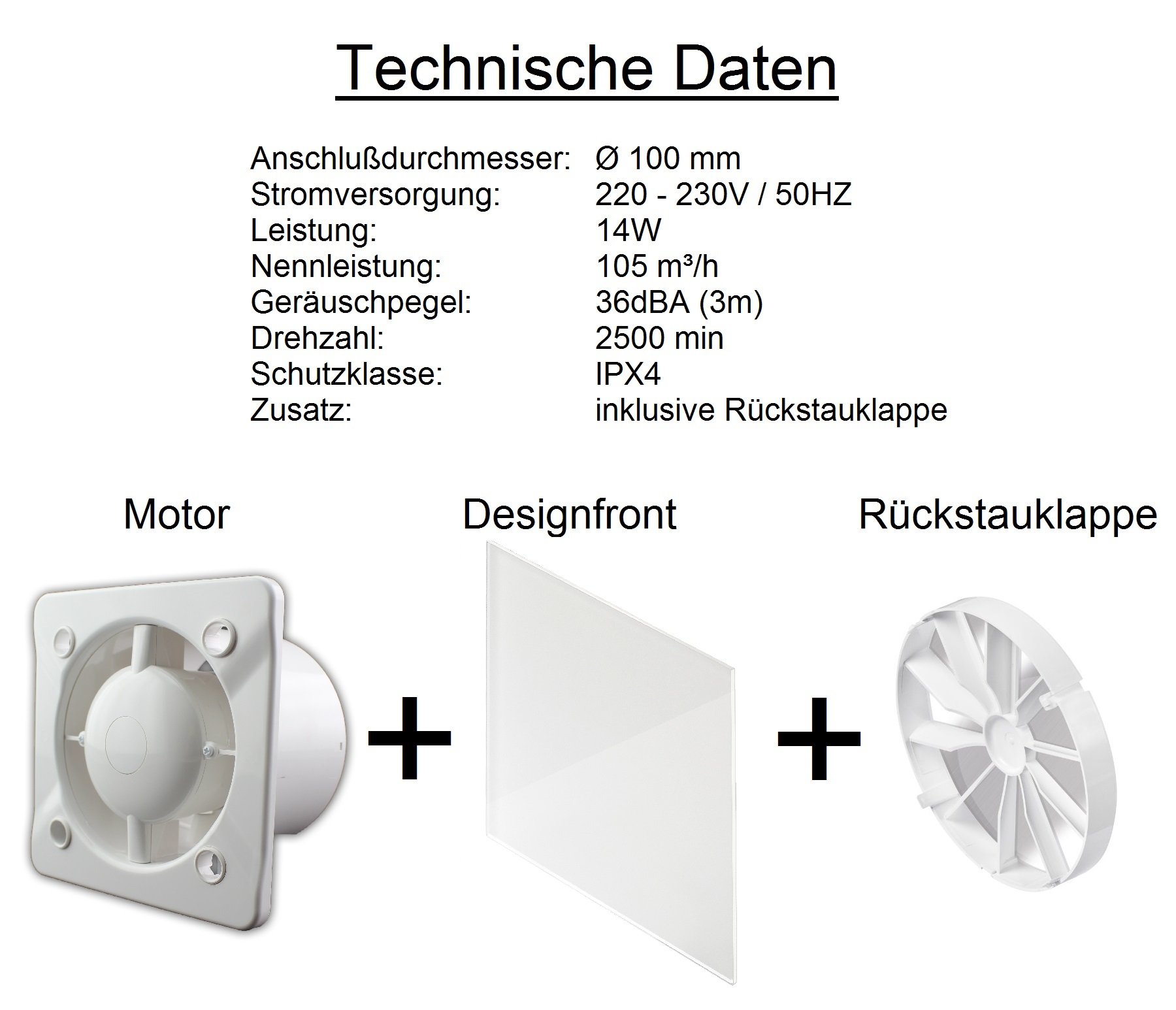 Ø 100 mm Design Badventilator Glasfront mit Timer/Nachlauf und Rückstauklappe WEG100T Lüfter Ventilator Front Wandlüfter Badlüfter Ventilator Einbaulüfter Bad Küche leise Glas 10 cm