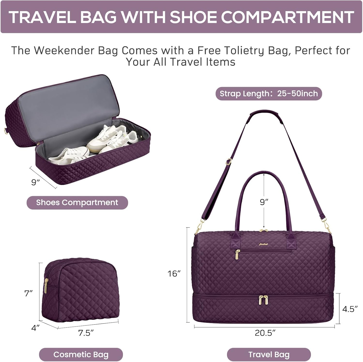 Travel Duffle Weekender Bags for Women - Carry on Overnight with Shoe Compartment Duffle Bag Hospital Bag Dark Purple - Image 3