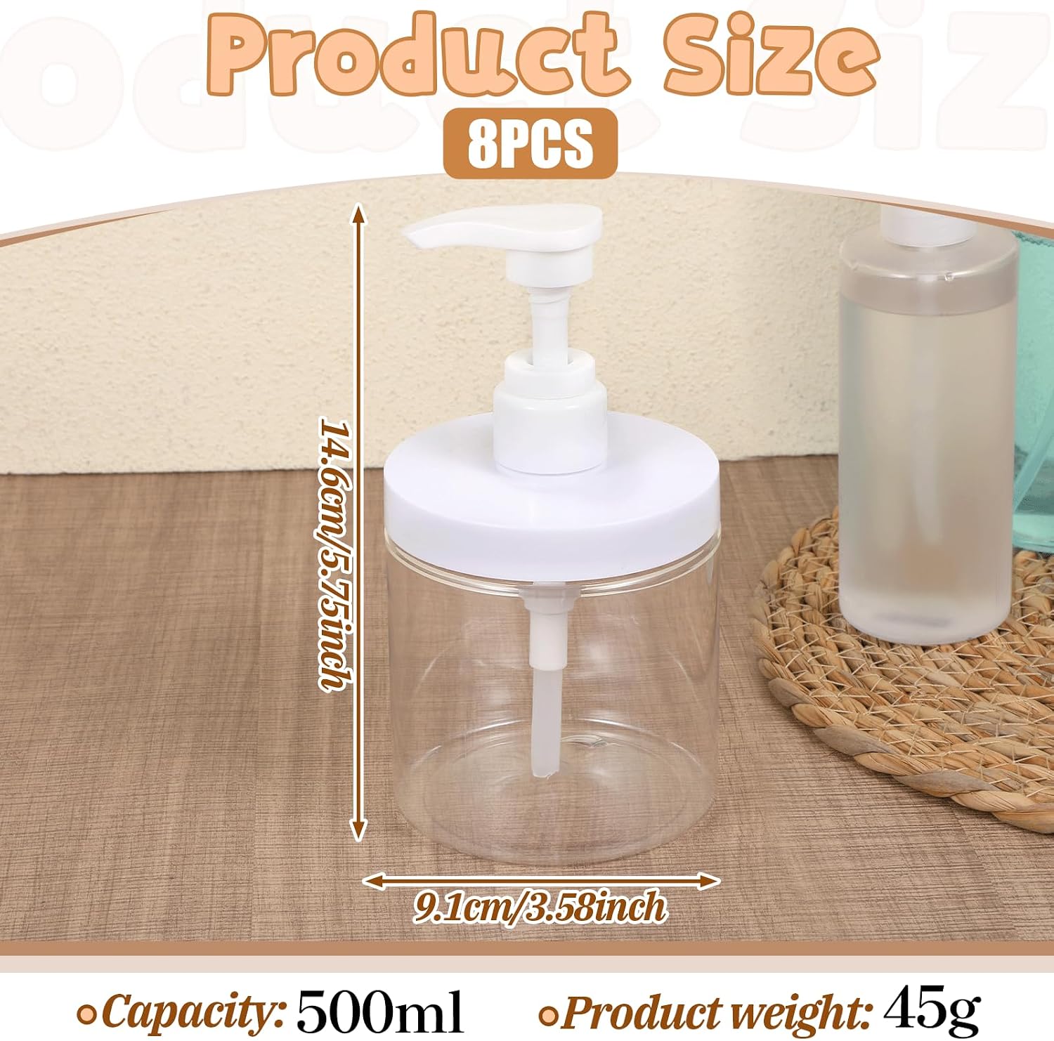 Dimeho 8 Pack Pump Bottle Dispenser 500ml Lotion Dispenser Wide Mouth Bathroom Shower Containers Plastic Refillable Empty Pump Bottles for Shampoo Conditioner Hand Lotion and Dish