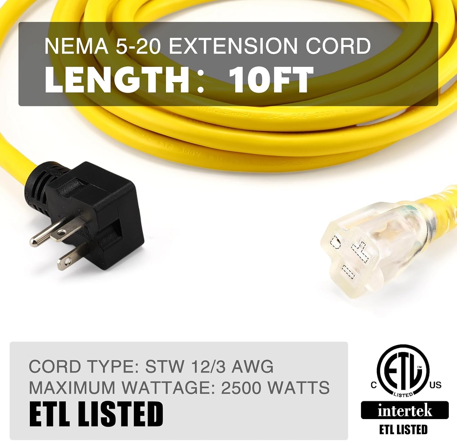 Kanayu 10FT NEMA 5-20 Extension Cord, 5-20P Male Plug to 5-20/5-15R Female Receptacle, 20 Amp T-Blade Outlet Extension Power Cord with Indicator Light, 12 AWG, ETL Listed