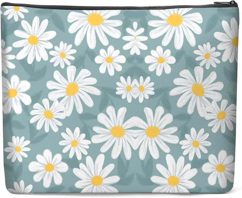Necessaire de maquiagem em lona com zíper e forro, White Flower 2, 25 x 19 x 5 cm
