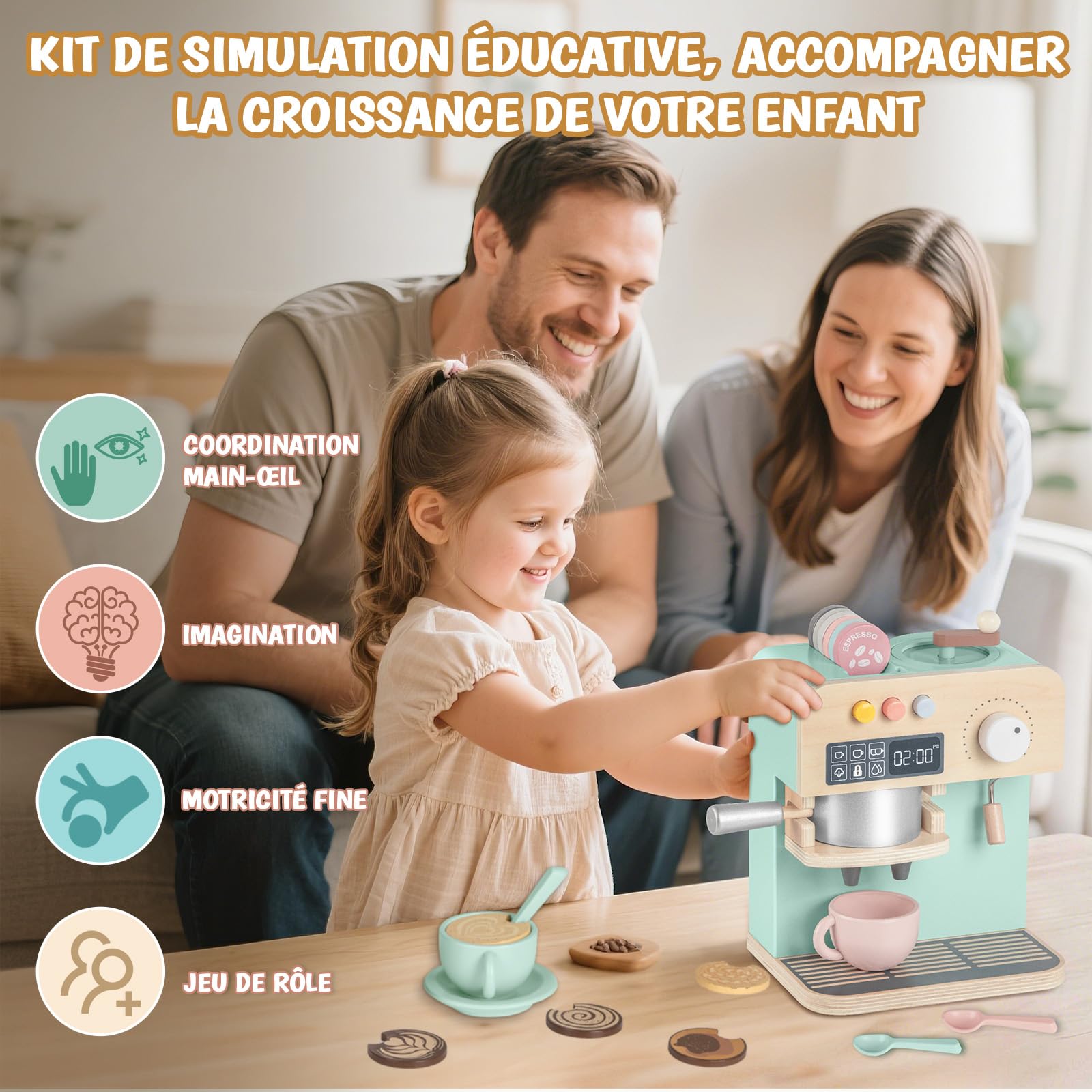 YOOHBERRYS Cafetière en Bois, 22 Pièces Machine à Café en Bois pour Enfants, Jouets de Jeu de Rôle Barista avec Moulin, Accessoire Jeux de Cuisine Service à Café Enfant 3+ Ans