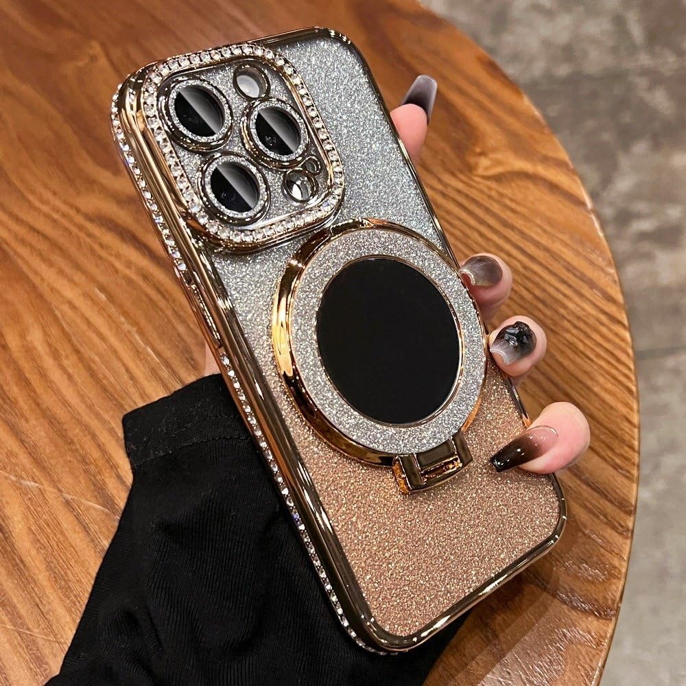 Luxury Make Up Mirror Bracket Case for iPhone 15 16 Pro Max Diamond Lens Bumper Cover for iPhone 11 12 13 14 Pro Max,Gold,for iPhone 14 ProMax