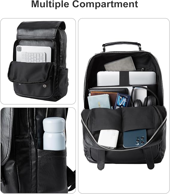 MOYYI Leather Backpack fits 15.6 Inch Laptop Vintage Backpack Waterproof Flap Bookbag for Men Leather Travel Backpack for Men Casual Knapsack Black