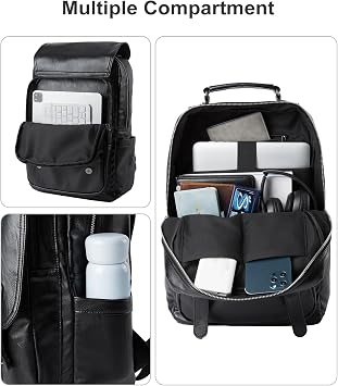 MOYYI Leather Backpack fits 15.6 Inch Laptop Vintage Backpack Waterproof Flap Bookbag for Men Leather Travel Backpack for Men Casual Knapsack Black