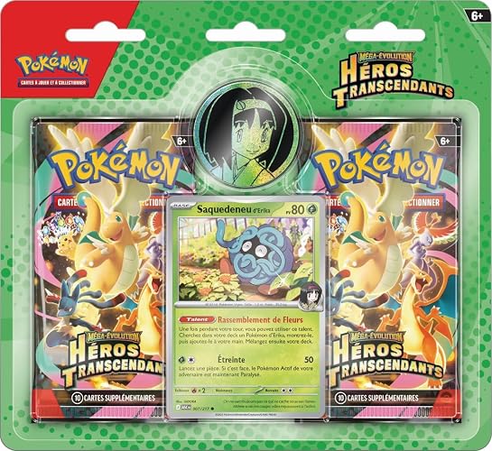 Pokémon : Collection Méga-Évolution – Héros Transcendants – Erika (1 Carte Promo Brillante, 1 pièce et 2 boosters)