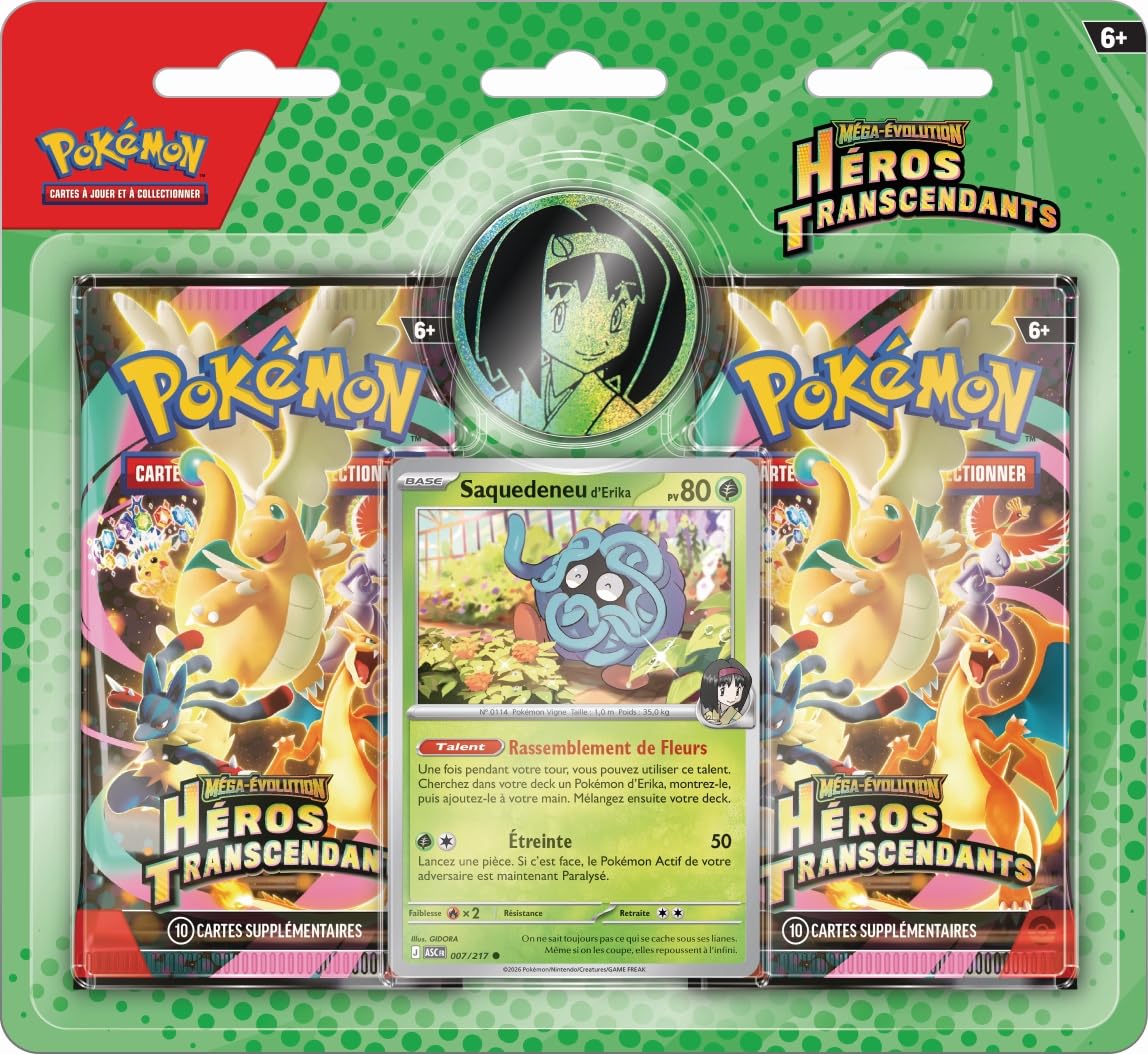 Pokémon : Collection Méga-Évolution – Héros Transcendants – Erika (1 Carte Promo Brillante, 1 pièce et 2 boosters)