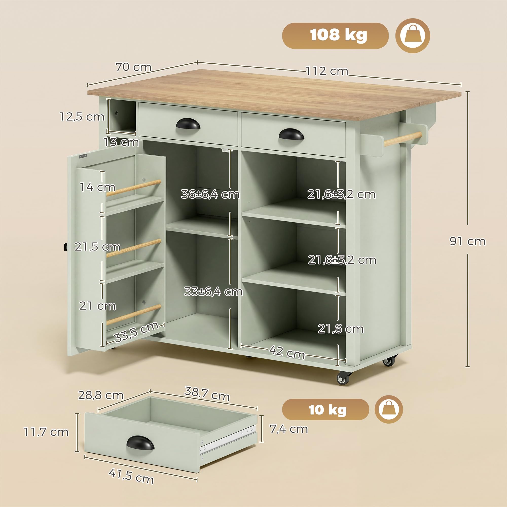 HOMCOM Îlot Central Cuisine avec Plateau Pliant, Desserte de Cuisine sur roulettes avec Placard, 2 Tiroirs, Porte-Serviettes, Étagère Réglable, Compartimentss Ouverts, 117,5 x 70 x 91 cm, Vert Clair