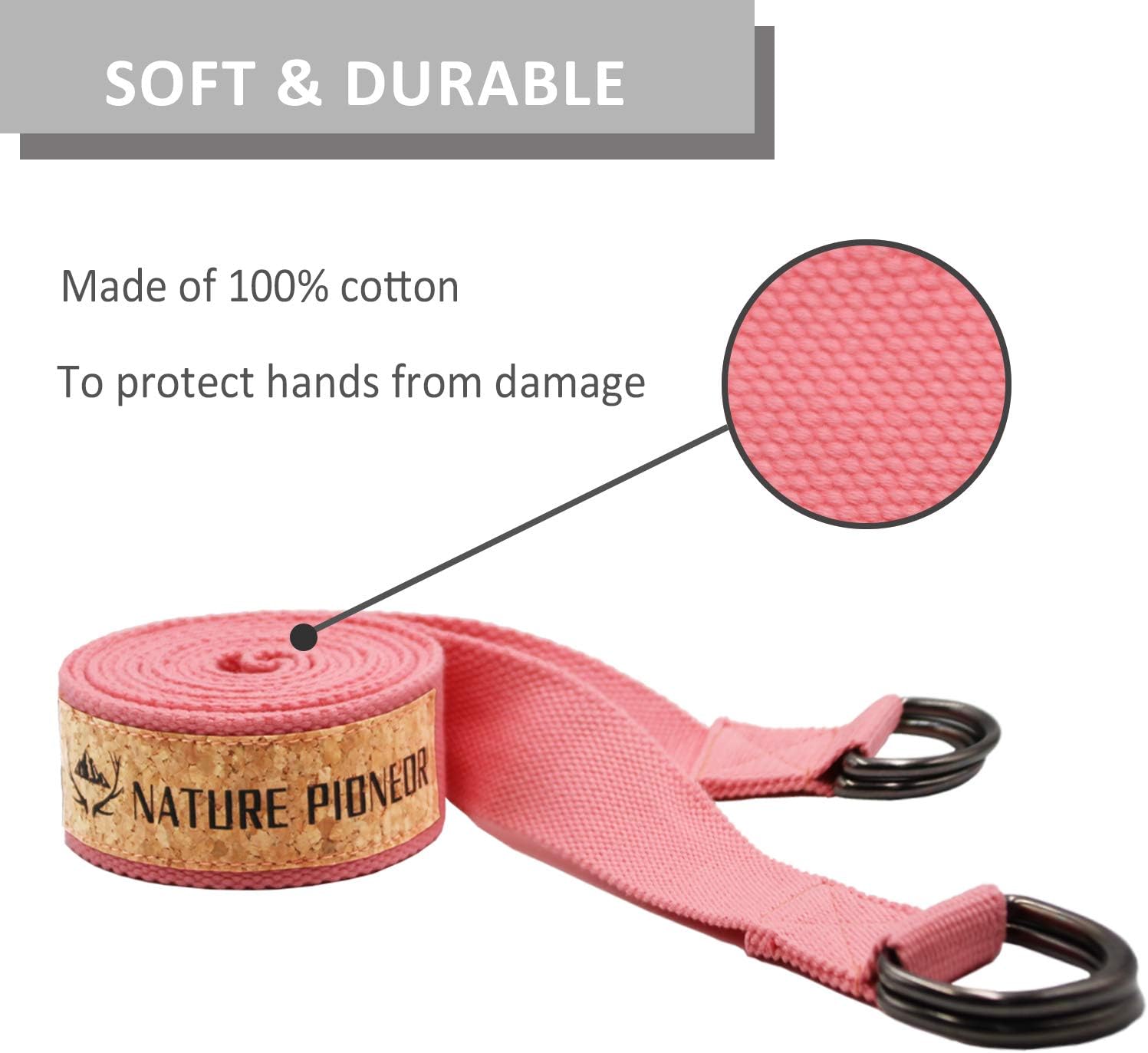 NATURE PIONEOR 8 FEET Combined 2 IN 1 Yoga Mat Strap and Yoga Strap for Stretching, 100% Cotton Yoga Stretch Training Bands with 4 Metal D-Ring Buckles for Carrying Yoga Mat and Yoga, Pilates, Fitness : Sports & Outdoors