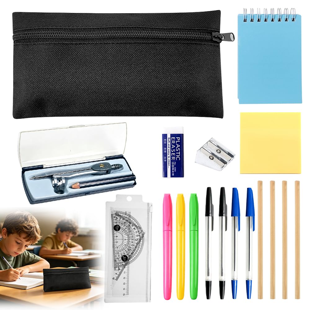 18PCS Stationery Set, Maths Sets, Back To School Stationery Ruler Set Including Pen, Ruler, Compass, Notebook, Eraser and Sharpener, Post-it Notes, Pencil Case for Secondary School Office Home