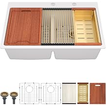 33 Granite Composite Kitchen Sink Double Bowl - Fulorni 33"x22" Granite Kitchen Sink White Ledge Workstation Drop in Topmount Double Bowl 50/50 Luxury Quartz Classic Above Counter Basin