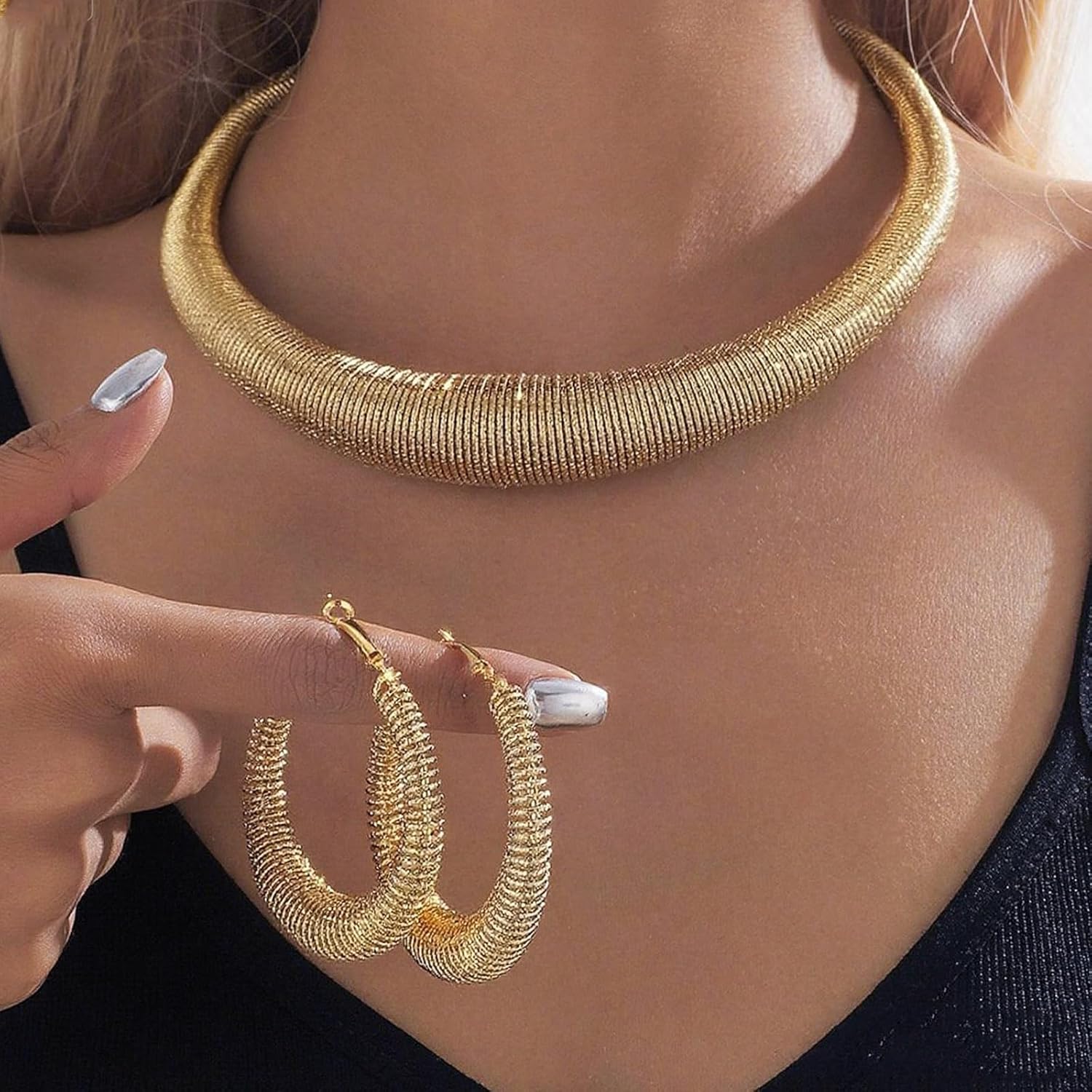 Yilanair Chunky Gold Hoop Earrings and Spring Statement Necklace Set 2 Piece | Indian Jewelry Sets for Women | Gold Plated Trendy Chunky Hoops & Chunky Chain Gift - Image 6