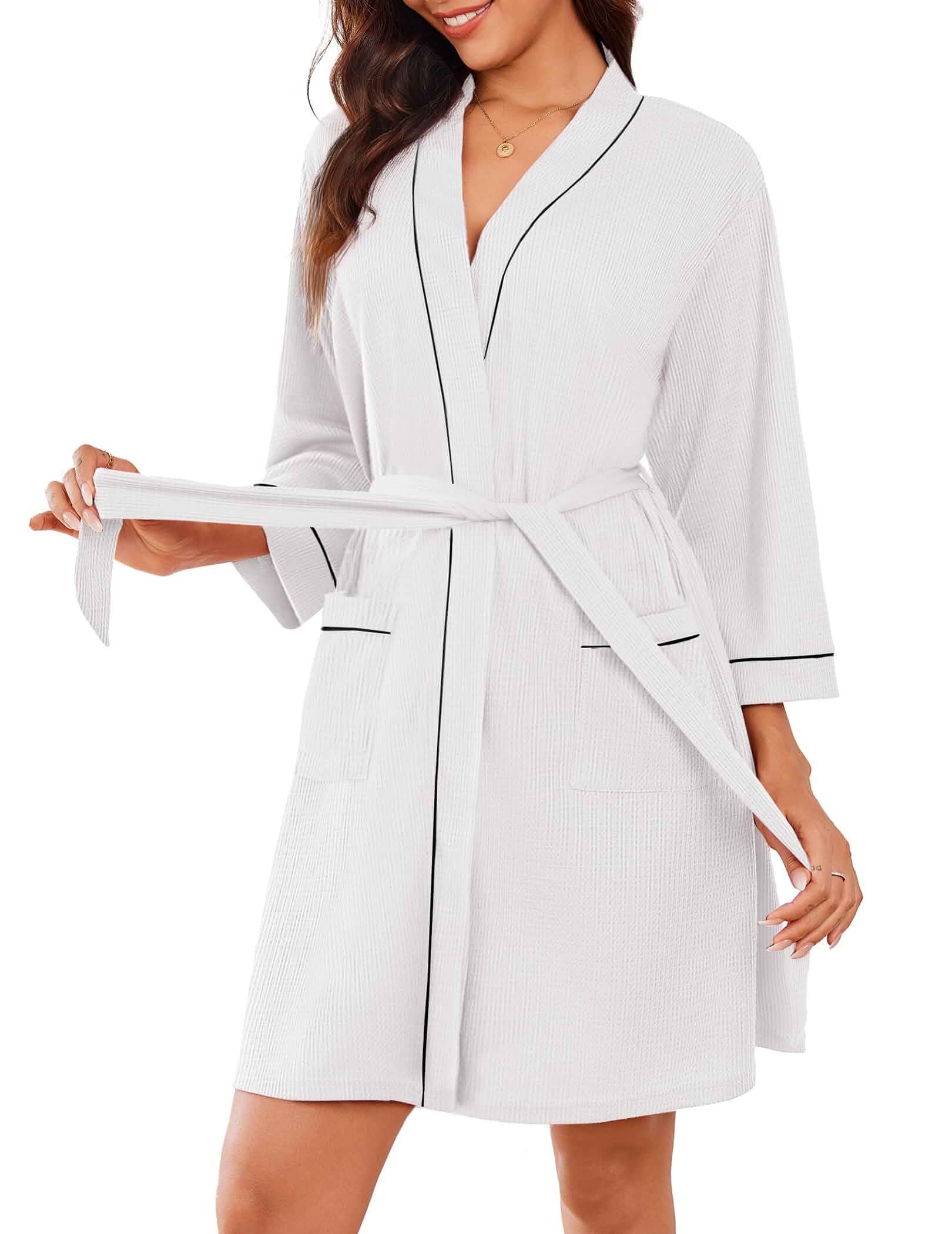 Ekouaer Robes for Women Waffle Knee Length Bathrobe Lightweight Soft Sleepwear V neck 3/4 Casual Ladies Loungewear S-XXL