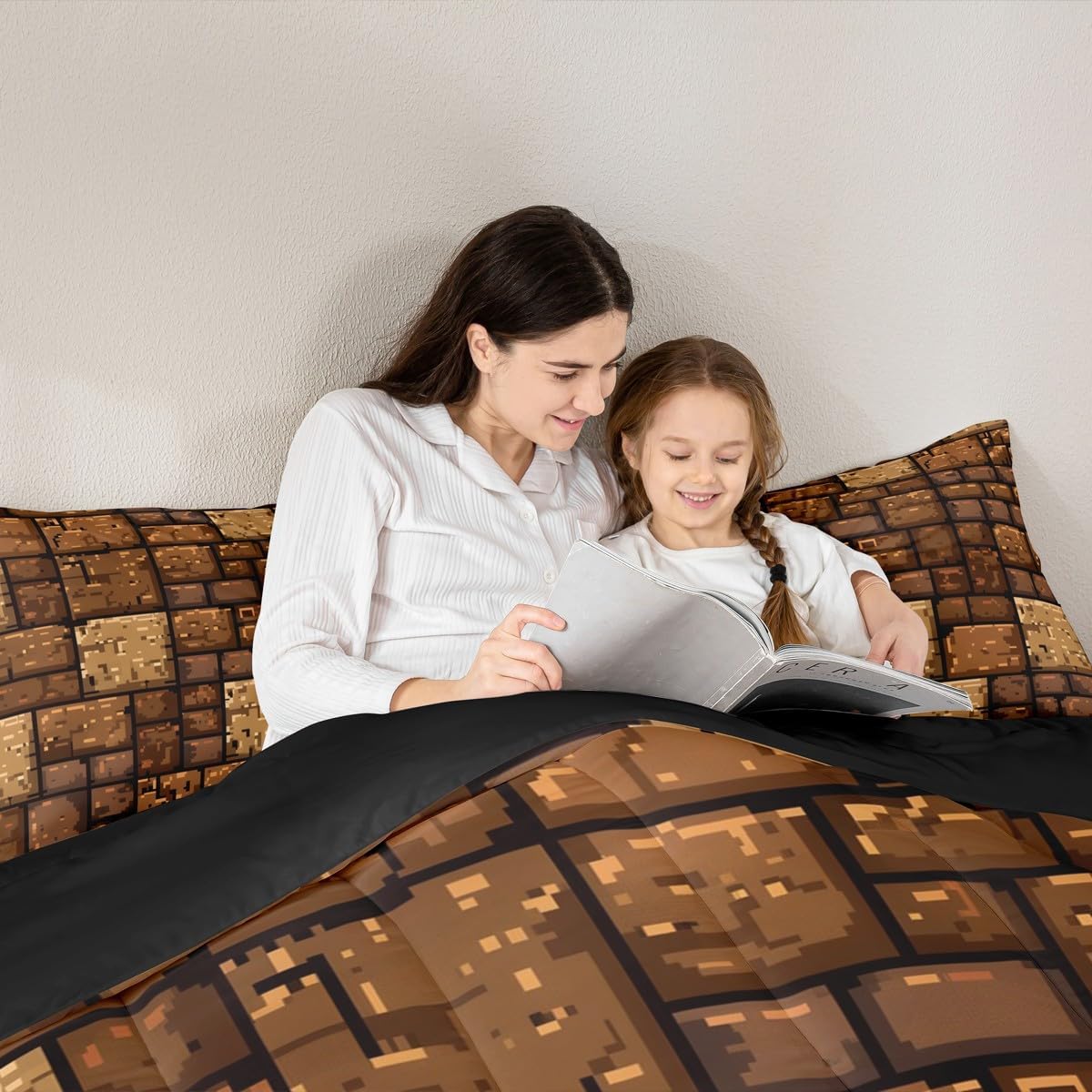 Castle Fairy Brown Stone Wall Comforter Set Toddler Size,Pixel Style Bedding Sets 2Pcs for Kids Girls Boys Women Room Decor,Splicing Grid Block Duvet Insert Video Games Down Comforter,1 Pillowcase