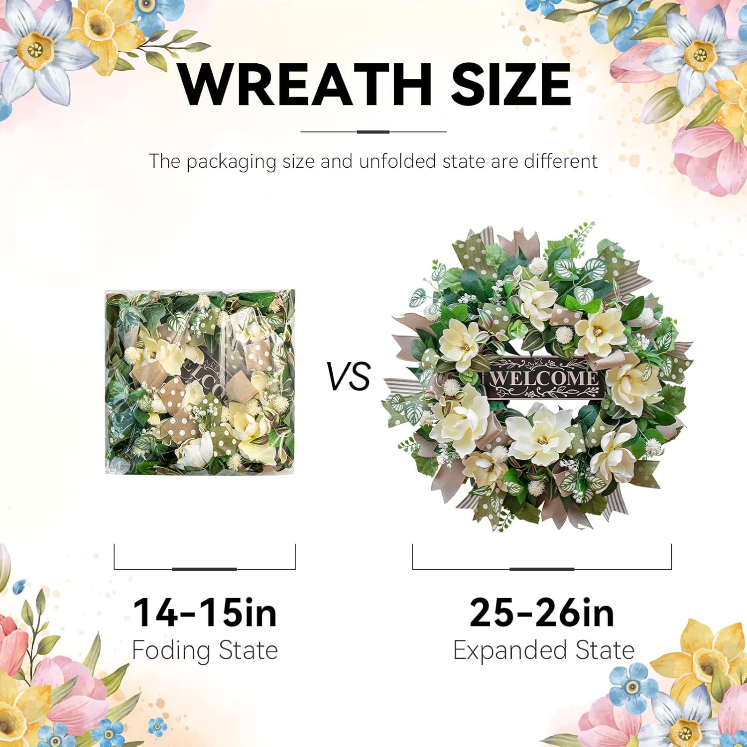 Spring Summer Wreaths for Front Door Outside 26 Inch, Magnolia Summer Wreath with Ribbons and Welcome Sign, Farmhouse Outdoor Spring & Summer Door Wreath for Front Door, Neutral Floral Decor
