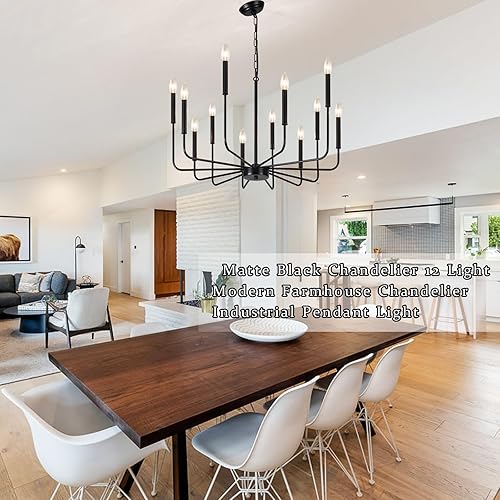 Miniatura 3 de Candelabro moderno de granja con 12 luces, grandes candelabros negros para comedor, lámpara colgante rústica, lámparas de techo para sala de estar,