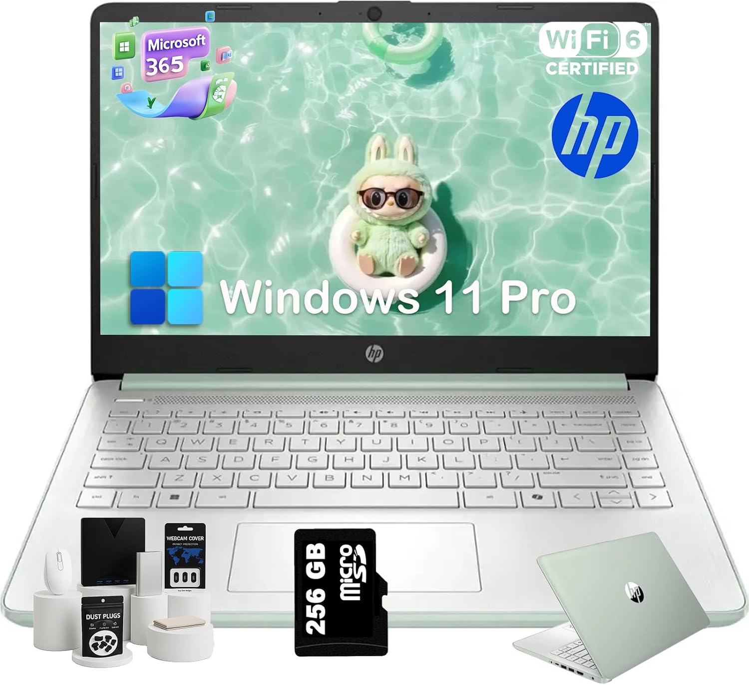 HP 2025 14 inch Everyday Laptop Computer for Student & Business - AI-Powered 1-Y Office 365  Intel Quad-Core CPU  Ultra-Light  16G RAM  384G Storage (128G UFS+256G SD Card)  Win 11 Pro  Green