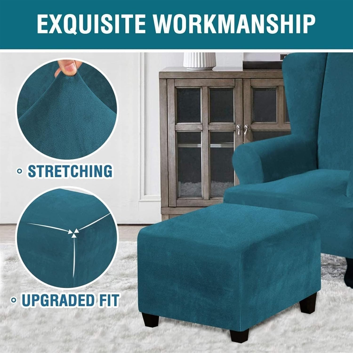 Stretch Square Ottoman Cover, Textured Footstool Slipcover Elastic Bottom (39x39in/100x100cm)