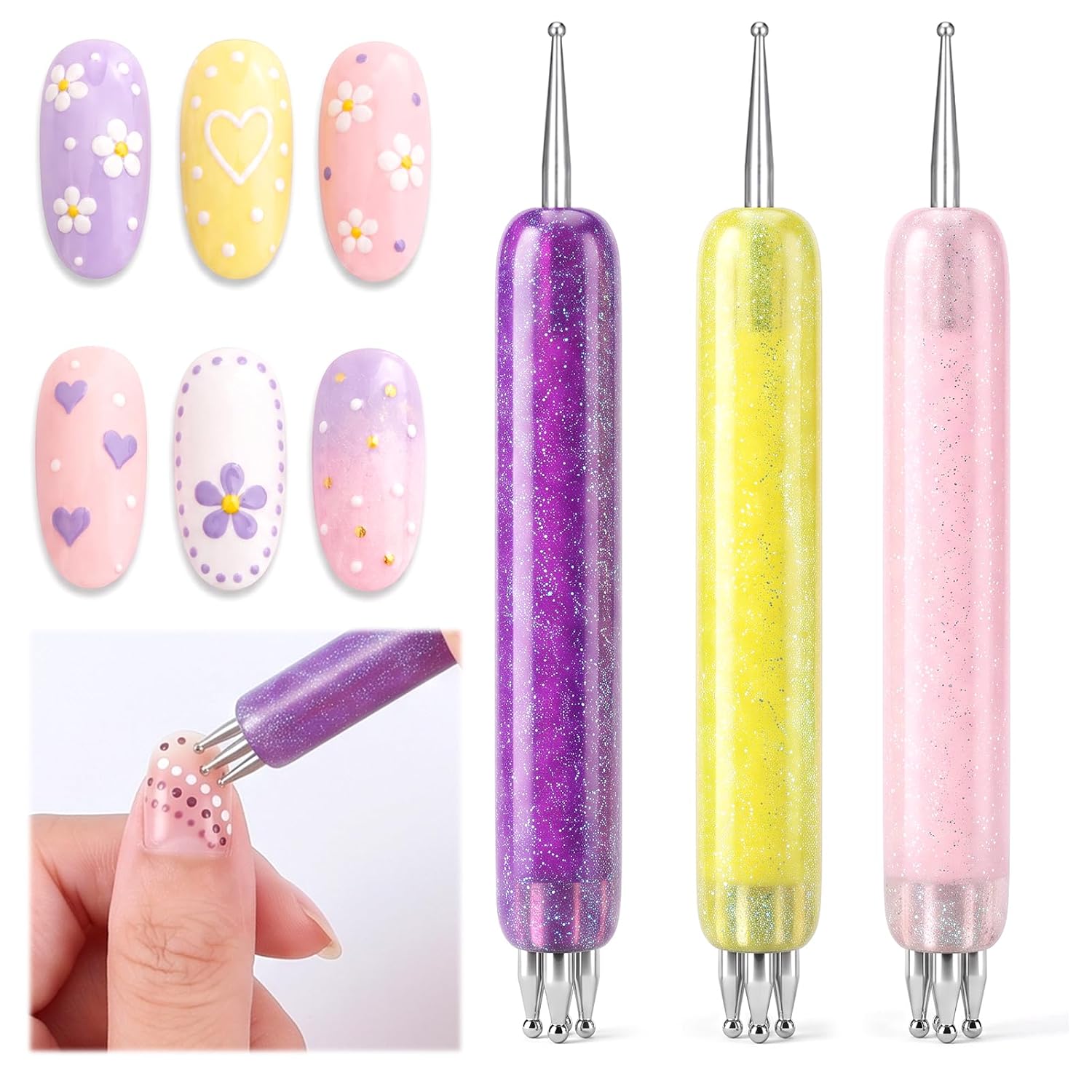 3PCS Dual-End Nail Dotting Tools, 1&5 Petal Flower Dotting Tools