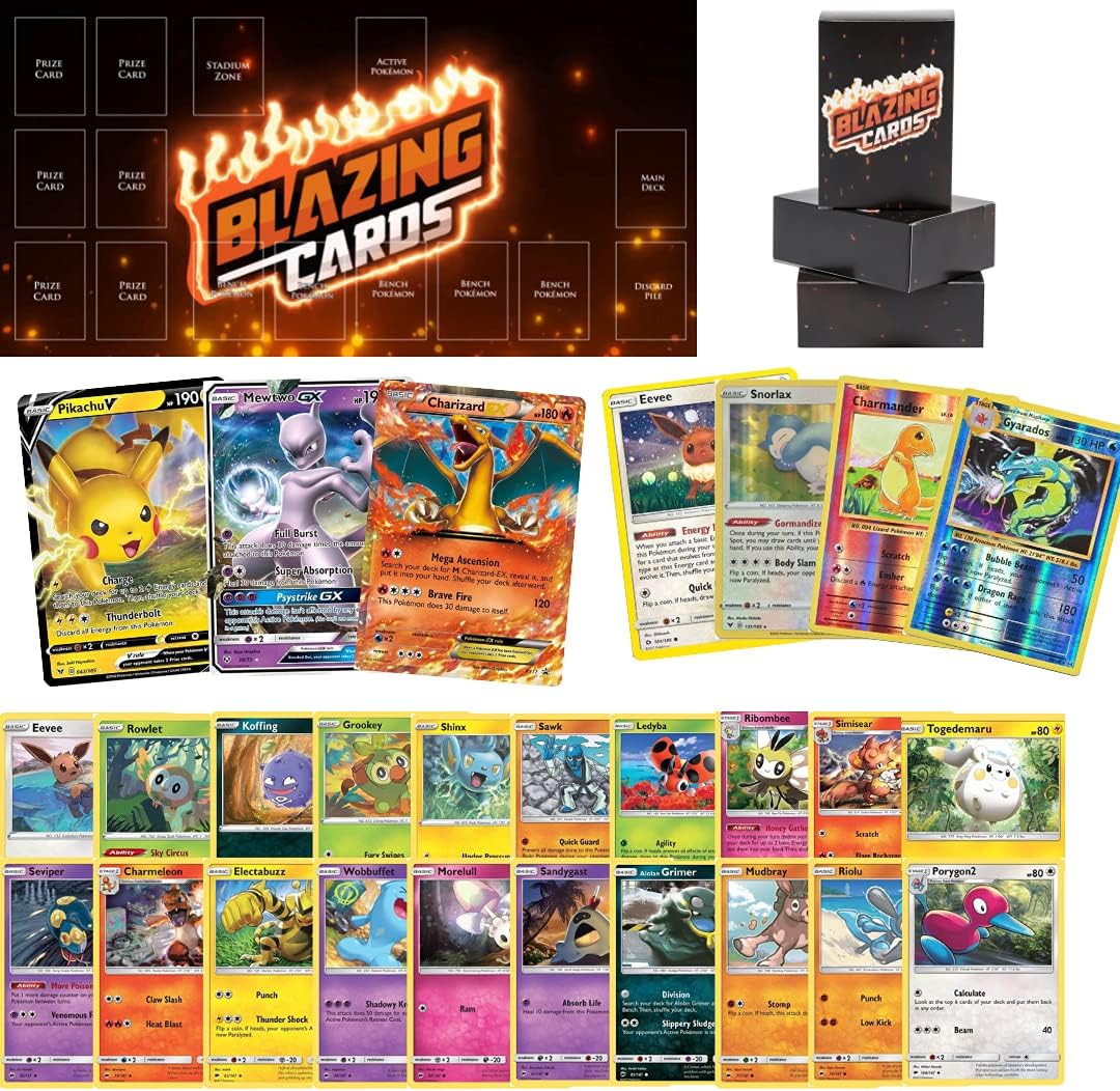 Ultra Rare Pokemon Card + 55 Pokemon Cards - 4 holos - Pokemon Playmat, Deck Box, Rulebook Included : Toys & Games