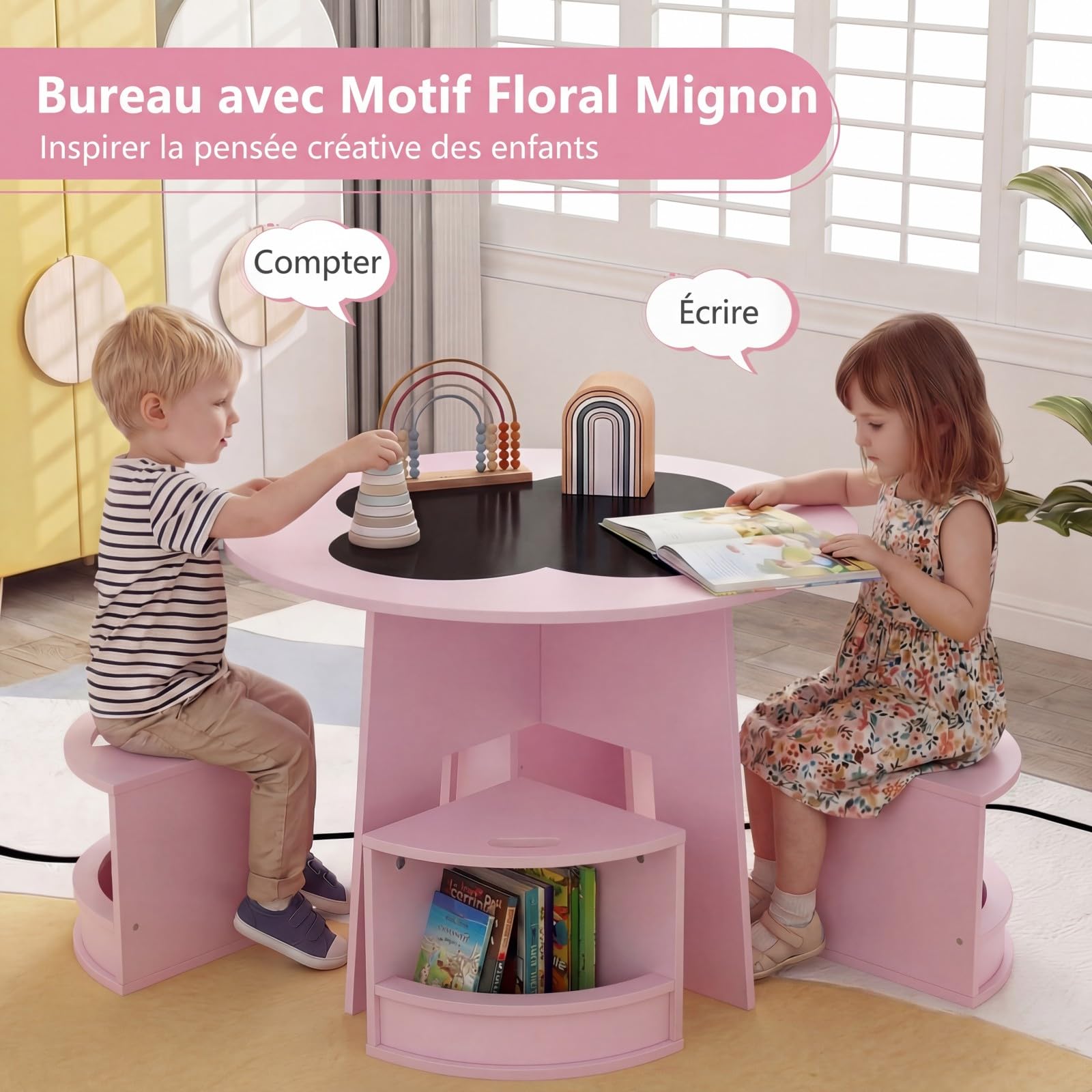 COSTWAY Table Enfant avec 4 Chaises Empilables, Table et Chaises Montessori en Forme Fleur, Espace de Rangment Intégré, Bureau Ronde pour Salle de Jeux Chambre d'enfant, Charge 30kg pour 3 Ans+ (Rose)