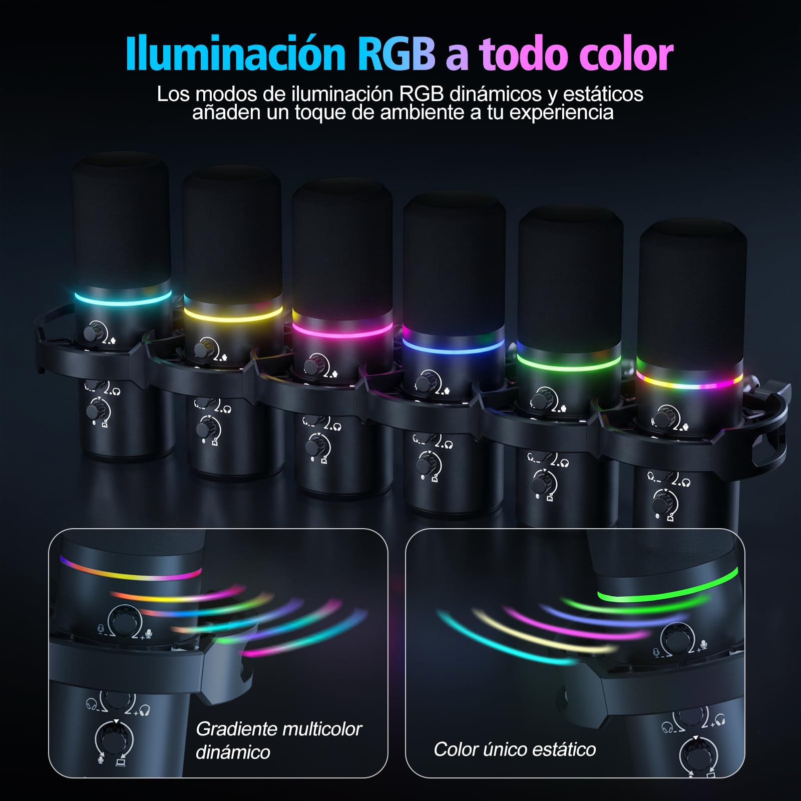 Micrófono para Juegos XLR/USB con Brazo Articulado, Micrófono Dinámico con Silenciamiento con un Solo Toque, Control de Ganancia, Micrófono RGB para Podcasts, Streaming, GrabacióN Y Voz