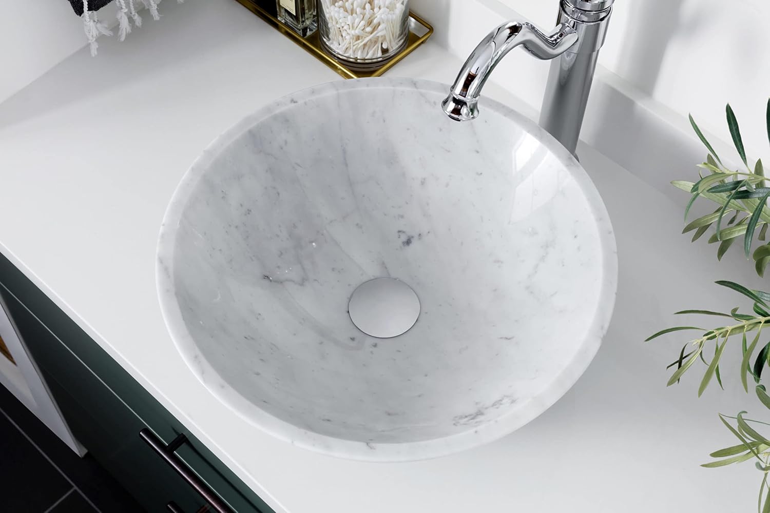 Miseno MNO-WC Circular 17" Carrera Marble Vessel Bathroom Sink - Flat Black Drain