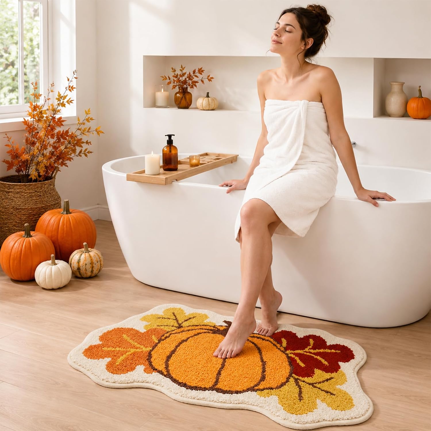 Pumpkin Fall Bathroom Rugs,Maple Leaf Bath Mat 31" x 20"
