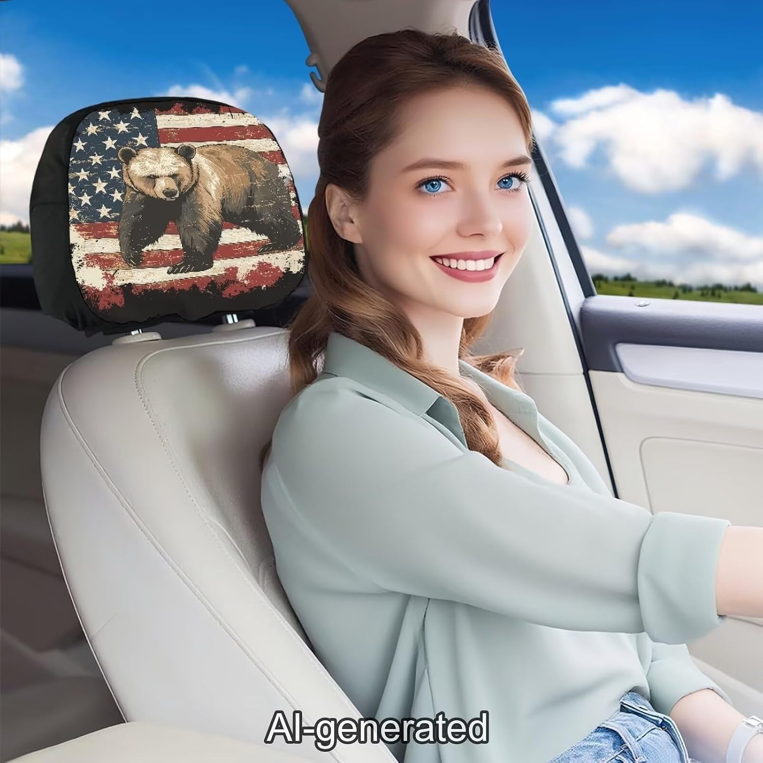 Flag Brown Bear Head Rest Cover for Car Fashion Auto Interior Automotive Headrest Protector Easy to Install Portable Reusable Elastic Dust Cover Universal Fit Most Cars image 2