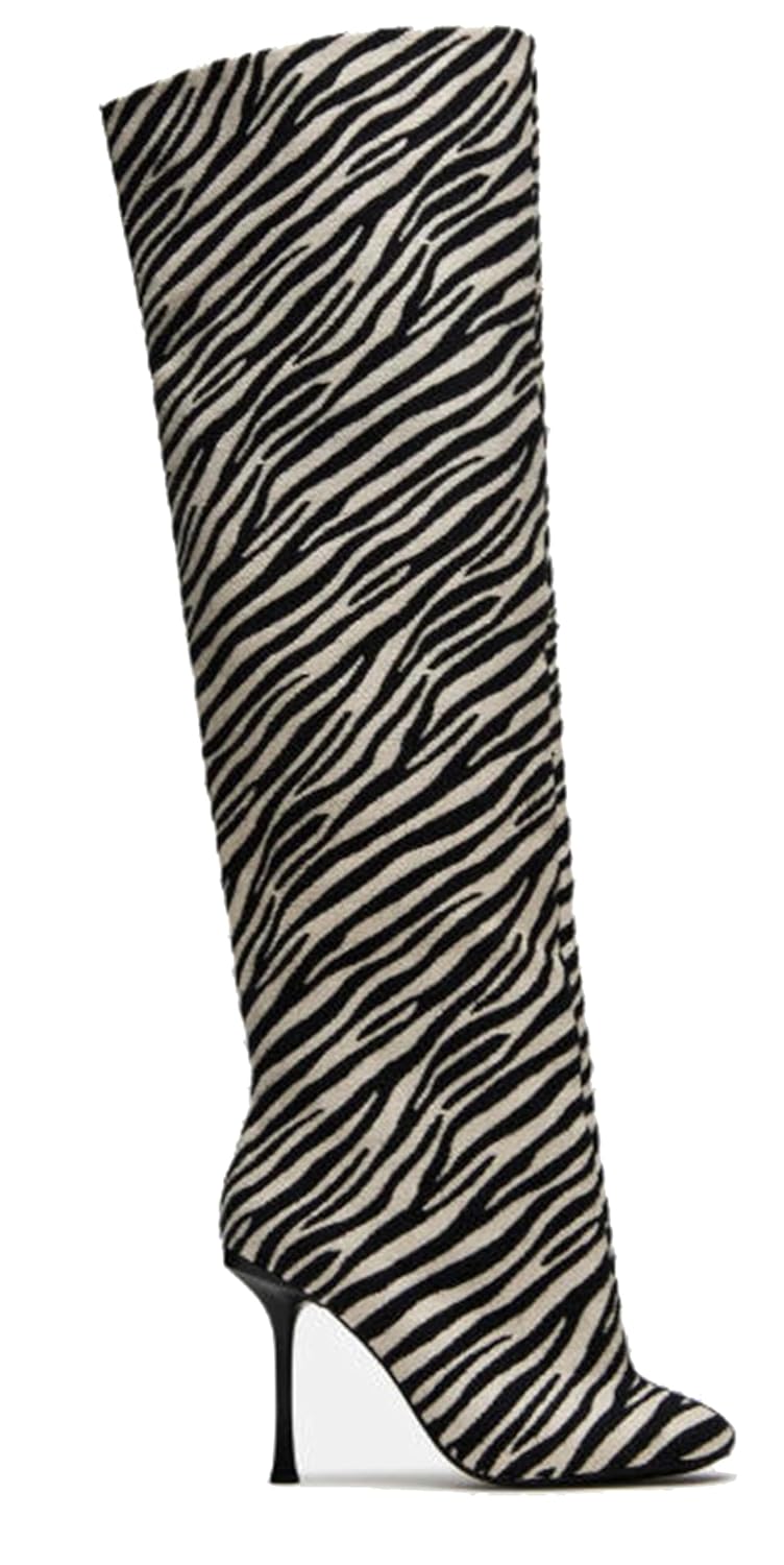 Womens Zebra Print Pointed-Toe Stiletto Heel Knee-High Boots